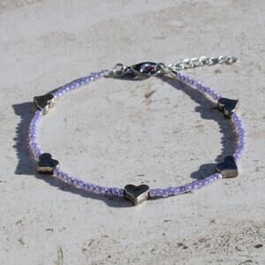 Purple Beaded Bracelet with Silver Heart Charms